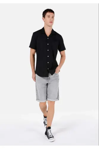 Regular Fit Shirt Yaka Çizgi Çizgili Siyah Erkek Kısa Kol Gömlek - SİYAH - 3
