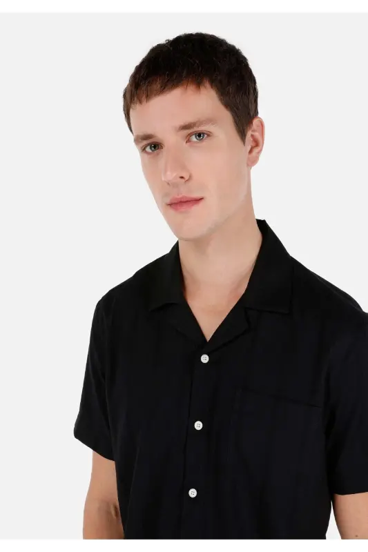 Regular Fit Shirt Yaka Çizgi Çizgili Siyah Erkek Kısa Kol Gömlek - SİYAH - 4