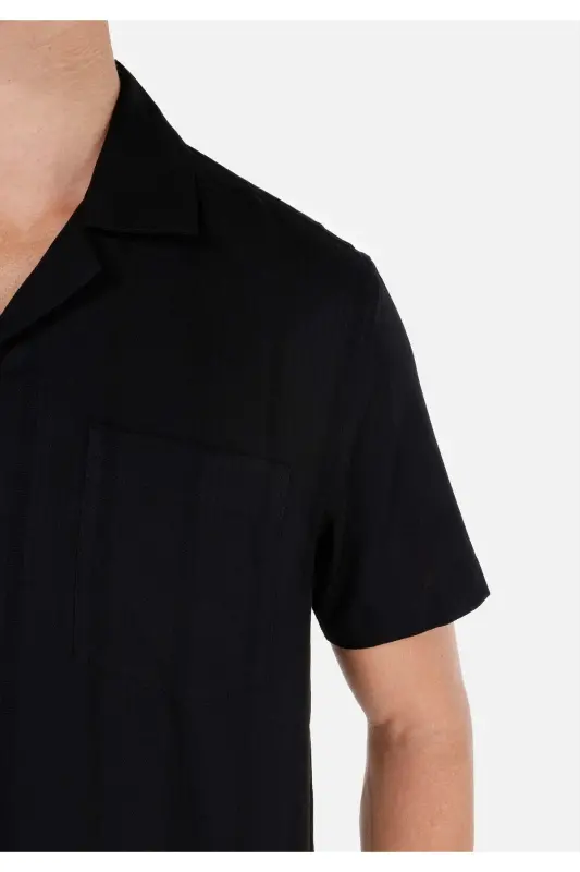 Regular Fit Shirt Yaka Çizgi Çizgili Siyah Erkek Kısa Kol Gömlek - SİYAH - 5