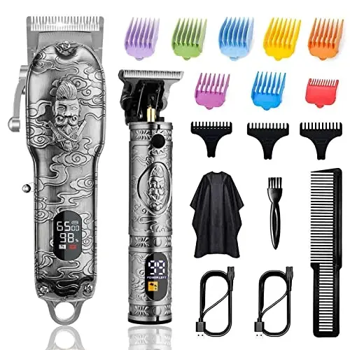 Soonsell Hair Clippers for Men T-Blade Trimmer Set,Barber Clippers,Clippers for Hair Cutting,Hair Cutting Kit,Cordless Clippers,Blade Close Cutting Beard Trimmer,LCD Display(Silver 