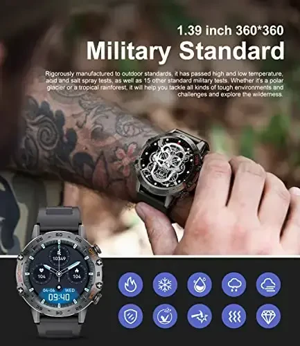 SUNKTA Smart Watch for Men Bluetooth Calls with,1.39''HD Touch Screen Tactical Smartwatch for Android and iPhone,5ATM Waterproof Fitness Watch with Blood Pressure/Heart Rate Monitor BlackSilicone - 3