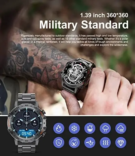 SUNKTA Military Smart Watch for Men(Answer/Dial Calls),5ATM Waterproof Fitness Watch,100 Sports Modes, with Blood Pressure/Heart Rate/SpO2 for Android/iOS,1.39''HD DIY Screen Smart Watch 