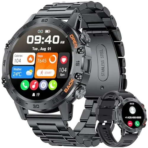 SUNKTA Military Smart Watch for Men(Answer/Dial Calls),5ATM Waterproof Fitness Watch,100 Sports Modes, with Blood Pressure/Heart Rate/SpO2 for Android/iOS,1.39''HD DIY Screen Smart Watch - 5