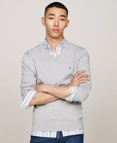 Men's Essential Cotton V-Neck Sweater - Light Grey Heather - 1