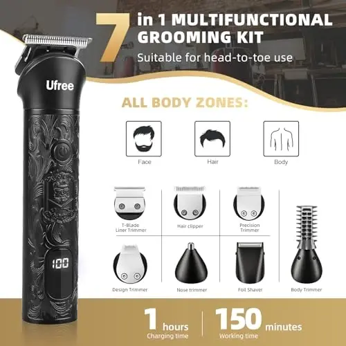 Ufree Beard Trimmer for Men, Electric Razor Shavers, Cordless Hair Clippers, 7 in 1 Beard Grooming Kit for Mustache, Body, Nose and Facial, Gifts for Men - UFREE (1)