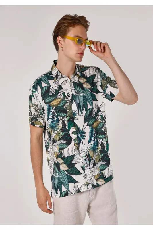 Regular Fit Viskoz Shirt Neck Baskılı Erkek Yeşil Kısa Kol Gömlek - 1
