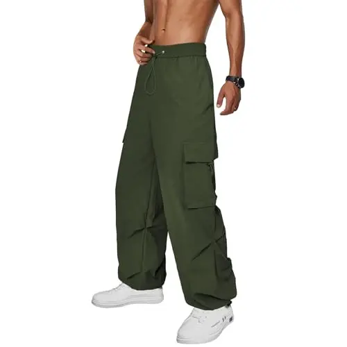Zando Cargo Pants for Men Baggy Joggers Parachute Pants Waterproof Hiking with Pockets Drawstring Trouser - ZANDO