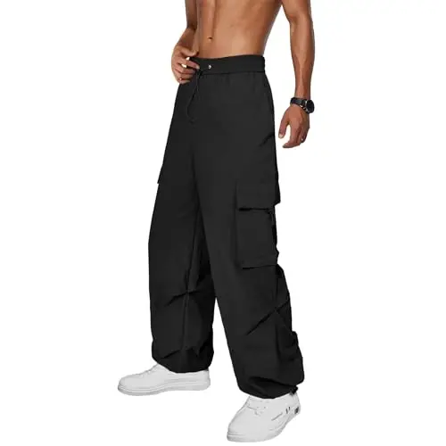 Zando Cargo Pants for Men Baggy Joggers Parachute Pants Waterproof Hiking with Pockets Drawstring Trouser 