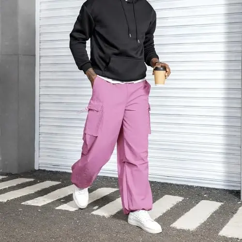 Zando Cargo Pants for Men Baggy Joggers Parachute Pants Waterproof Hiking with Pockets Drawstring Trouser - 2