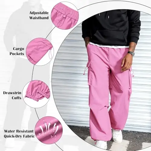 Zando Cargo Pants for Men Baggy Joggers Parachute Pants Waterproof Hiking with Pockets Drawstring Trouser - 3
