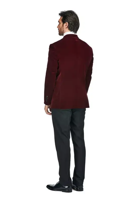 Men's 2 Piece Double Breasted Velvet Birdseye Lapel Slim Fit Tuxedo - Burgundy - 3