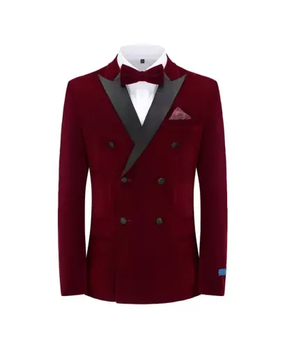 Men's 2 Piece Double Breasted Velvet Birdseye Lapel Slim Fit Tuxedo - Burgundy - 7