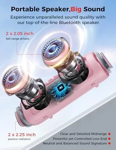 Bluetooth Speaker Stocking Stuffers for Men Women Teens Boys Girls: Portable Wireless, IPX5 Waterproof, White Elephant Gifts for Adults, Up to 20H Playtime, TWS Pair, for Home/Party/Outdoor (Pink) - BOLABUTTY (1)