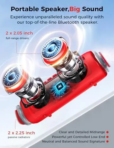 Bluetooth Speaker Stocking Stuffers for Men Women Teens Boys Girls: Portable Wireless, IPX5 Waterproof, White Elephant Gifts for Adults, Up to 20H Playtime, TWS Pair, for Home/Party/Outdoor (Red) - BOLABUTTY (1)