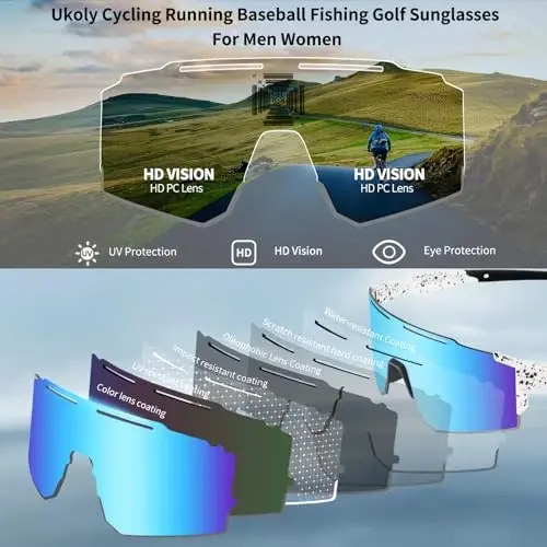 Ukoly Sport Sunglasses for Men and Women,HD PC Lens UV400 Protection | Sun Glasses for Running Cycling Baseball Fishing Golf Hiking,with 1 Lens or 3 Interchangeable Lens - 3