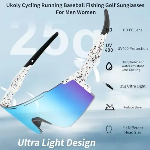 Ukoly Cycling Sunglasses for Men Women with 3 Interchangeable Lenses, Polarized Sports Sunglasses, Baseball Sunglasses 