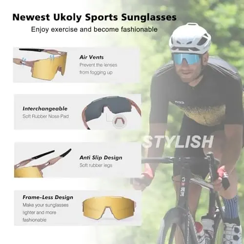 Ukoly Cycling Sunglasses for Men Women with 3 Interchangeable Lenses, Polarized Sports Sunglasses, Baseball Sunglasses - 4