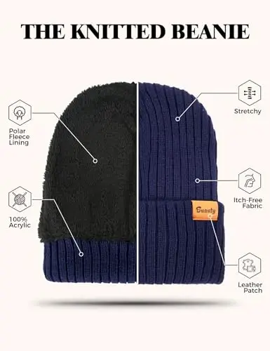 Beanie Hats for Men Women Fleece Winter Hat Chunky Knit Skull Stocking Caps for Guys Thermal Snow Hat Heated Cuffed Gift - 5