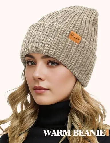 Beanie Hats for Men Women Fleece Winter Hat Chunky Knit Skull Stocking Caps for Guys Thermal Snow Hat Heated Cuffed Gift - BEANIE (1)
