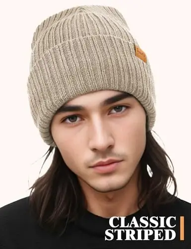 Beanie Hats for Men Women Fleece Winter Hat Chunky Knit Skull Stocking Caps for Guys Thermal Snow Hat Heated Cuffed Gift - 7