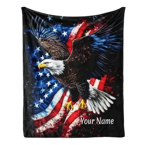Jekeno American Flag Gifts Blanket for Men Women Personalized Eagle USA Flag Custom Blanket with Name Flannel Blankets Customized Throw Blankets 60