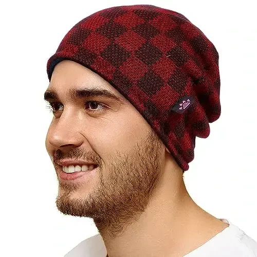 Winter Beanie Hat for Men Women Fleece Lined Thick Warm Plaid Knitted Skull Beanie Reversible Outdoor Windproof Ski Watch Cap - 3