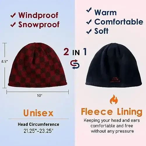 Winter Beanie Hat for Men Women Fleece Lined Thick Warm Plaid Knitted Skull Beanie Reversible Outdoor Windproof Ski Watch Cap - 5