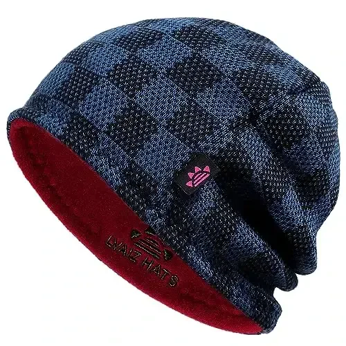 Winter Beanie Hat for Men Women Fleece Lined Thick Warm Plaid Knitted Skull Beanie Reversible Outdoor Windproof Ski Watch Cap - Winter