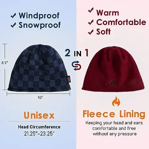 Winter Beanie Hat for Men Women Fleece Lined Thick Warm Plaid Knitted Skull Beanie Reversible Outdoor Windproof Ski Watch Cap - 5