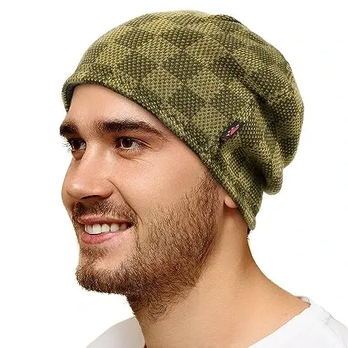 Winter Beanie Hat for Men Women Fleece Lined Thick Warm Plaid Knitted Skull Beanie Reversible Outdoor Windproof Ski Watch Cap - 3