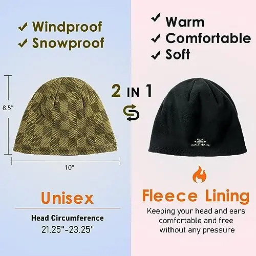 Winter Beanie Hat for Men Women Fleece Lined Thick Warm Plaid Knitted Skull Beanie Reversible Outdoor Windproof Ski Watch Cap - 5