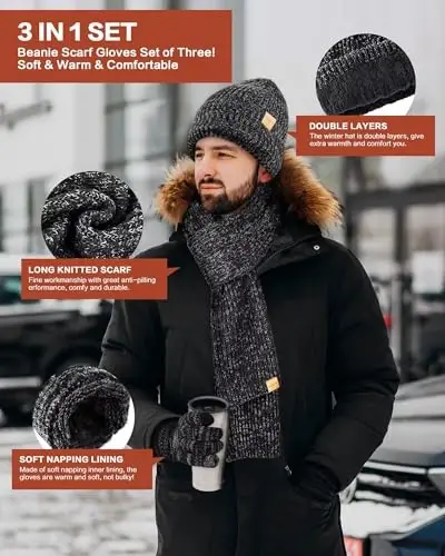 Winter Hat Gloves Scarf Set for Men Women, Mens Beanie Long Scarf Touchscreen Gloves for Cold Weather, 3 in 1 Warm Gift Set - 4