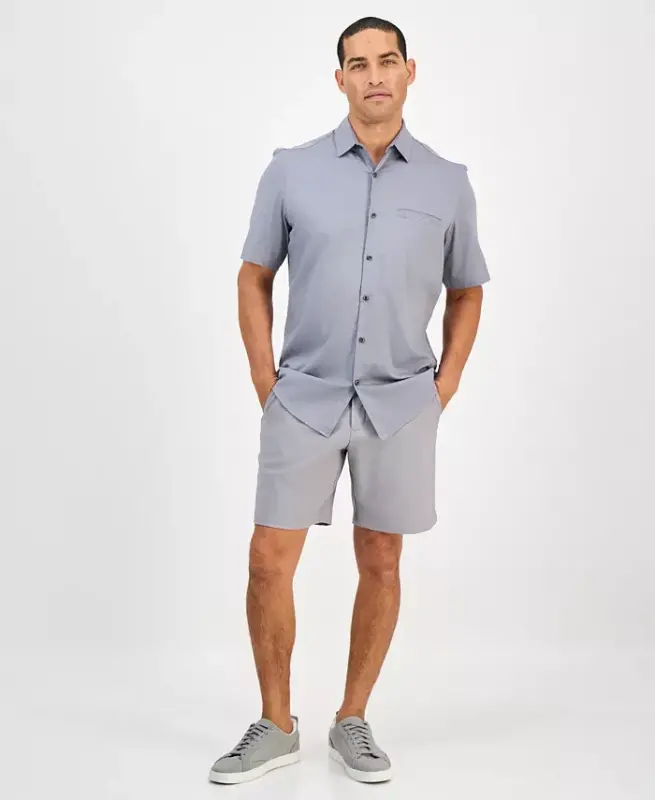 Men's Short-Sleeve Modern Stretch Dobby Shirt, Created for Modazone - Grey Combo - 2