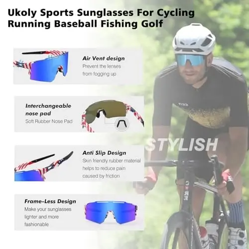 Ukoly Sport Sunglasses for Men and Women,HD PC Lens UV400 Protection | Sun Glasses for Running Cycling Baseball Fishing Golf Hiking,with 1 Lens or 3 Interchangeable Lens - 4