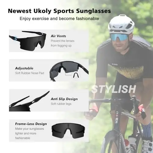 Ukoly Sport Sunglasses for Men and Women,HD PC Lens UV400 Protection | Sun Glasses for Running Cycling Baseball Fishing Golf Hiking,with 1 Lens or 3 Interchangeable Lens - 4
