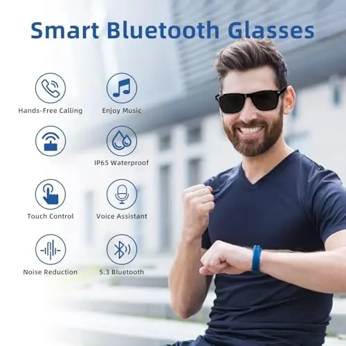 Tulbeys Smart Glasses for Men Women, Open Ear Bluetooth Glasses with Mic & Speakers, UV400 Polarized Sunglasses Lenses, Hands-Free Calls, Voice Assistant, Touch Control, Ideal for Driving Sports - TULBEYS (1)