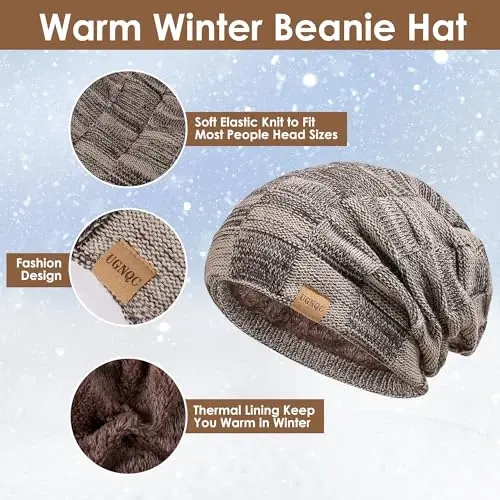 Beanie Hat Scarf Touchscreen Gloves Set for Men and Women, Fleece Lined Warm Winter Beanie Gloves Long Neck Warmer Set - BEANIE (1)