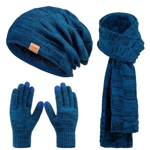 Beanie Hat Scarf Touchscreen Gloves Set for Men and Women, Fleece Lined Warm Winter Beanie Gloves Long Neck Warmer Set - 1