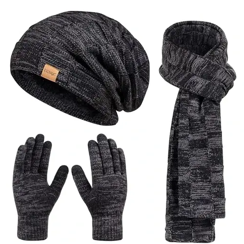 Beanie Hat Scarf Touchscreen Gloves Set for Men and Women, Fleece Lined Warm Winter Beanie Gloves Long Neck Warmer Set - Modazone (1)