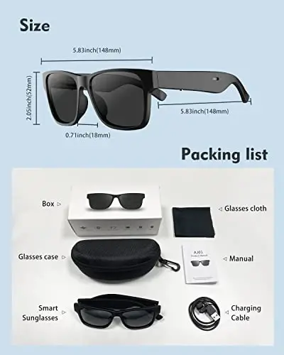 RUIMEN Bluetooth Audio Smart Glasses for Men Women, Smart Sunglasses with Speakers and Mics Open Ear Music Hands-Free Calling, Volume Control, Anti-UV Lens, IP4 Waterproof Classic Black Standard Size - 7