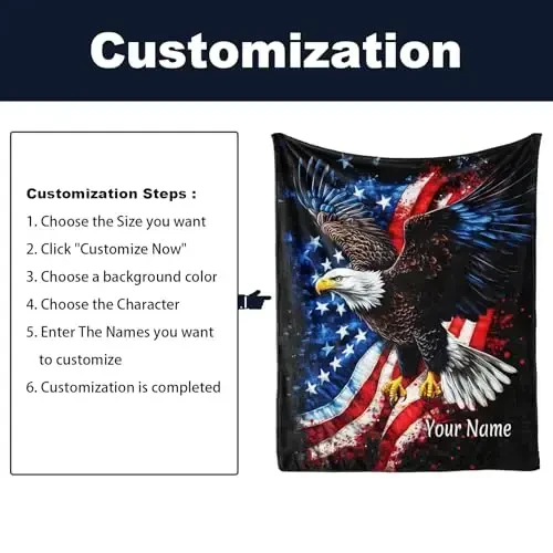Jekeno American Flag Gifts Blanket for Men Women Personalized Eagle USA Flag Custom Blanket with Name Flannel Blankets Customized Throw Blankets 50