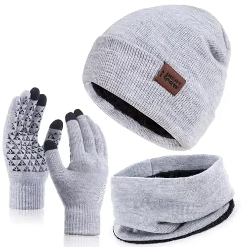 Winter 1-3 PCS Beanie Hat Gloves Scarf for Men and Women, Knit Fleece Lined Warm Touchscreen Gloves Beanie Infitiny Scarf Set - 1