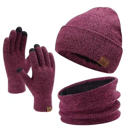 Winter Beanie Hat Scarf Touchscreen Gloves Set for Men and Women, Beanie Gloves Neck Warmer Set with Warm Knit Fleece Lined 