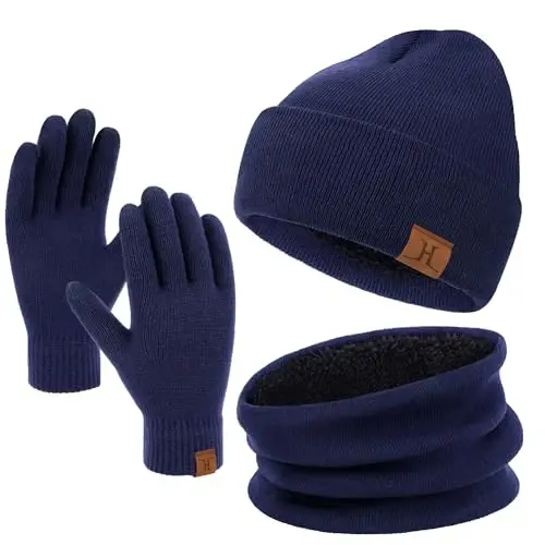 Winter Beanie Hat Scarf Touchscreen Gloves Set for Men and Women, Beanie Gloves Neck Warmer Set with Warm Knit Fleece Lined - 1