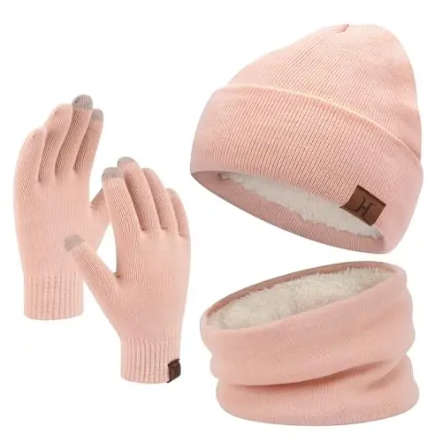 Winter Beanie Hat Scarf Touchscreen Gloves Set for Men and Women, Beanie Gloves Neck Warmer Set with Warm Knit Fleece Lined 