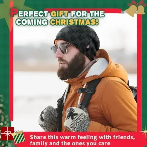 Winter Beanie Hat for Men Women Fleece Lined Thick Warm Plaid Knitted Skull Beanie Reversible Outdoor Windproof Ski Watch Cap - 6