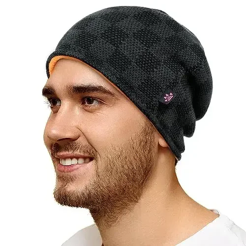 Winter Beanie Hat for Men Women Fleece Lined Thick Warm Plaid Knitted Skull Beanie Reversible Outdoor Windproof Ski Watch Cap - 3
