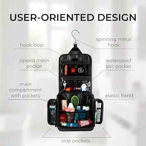 Travel Toiletry Bag for Men and Women - (10.6”x10.6”x3.2”) Large Hanging Toiletry Organizer - Waterproof Hygiene Bag with Metal XXL Swivel Hook, with Sturdy Zippers and 15 Compartments for Toiletries - 3