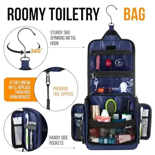 Travel Toiletry Bag for Men and Women - (10.6”x10.6”x3.2”) Large Hanging Toiletry Organizer - Waterproof Hygiene Bag with Metal XXL Swivel Hook, with Sturdy Zippers and 19 Compartments for Toiletries - 5