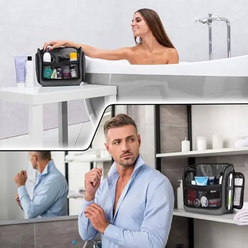 Travel Toiletry Bag for Men and Women - (10.6”x10.6”x3.2”) Large Hanging Toiletry Organizer - Waterproof Hygiene Bag with Metal XXL Swivel Hook, with Sturdy Zippers and 19 Compartments for Toiletries - 3